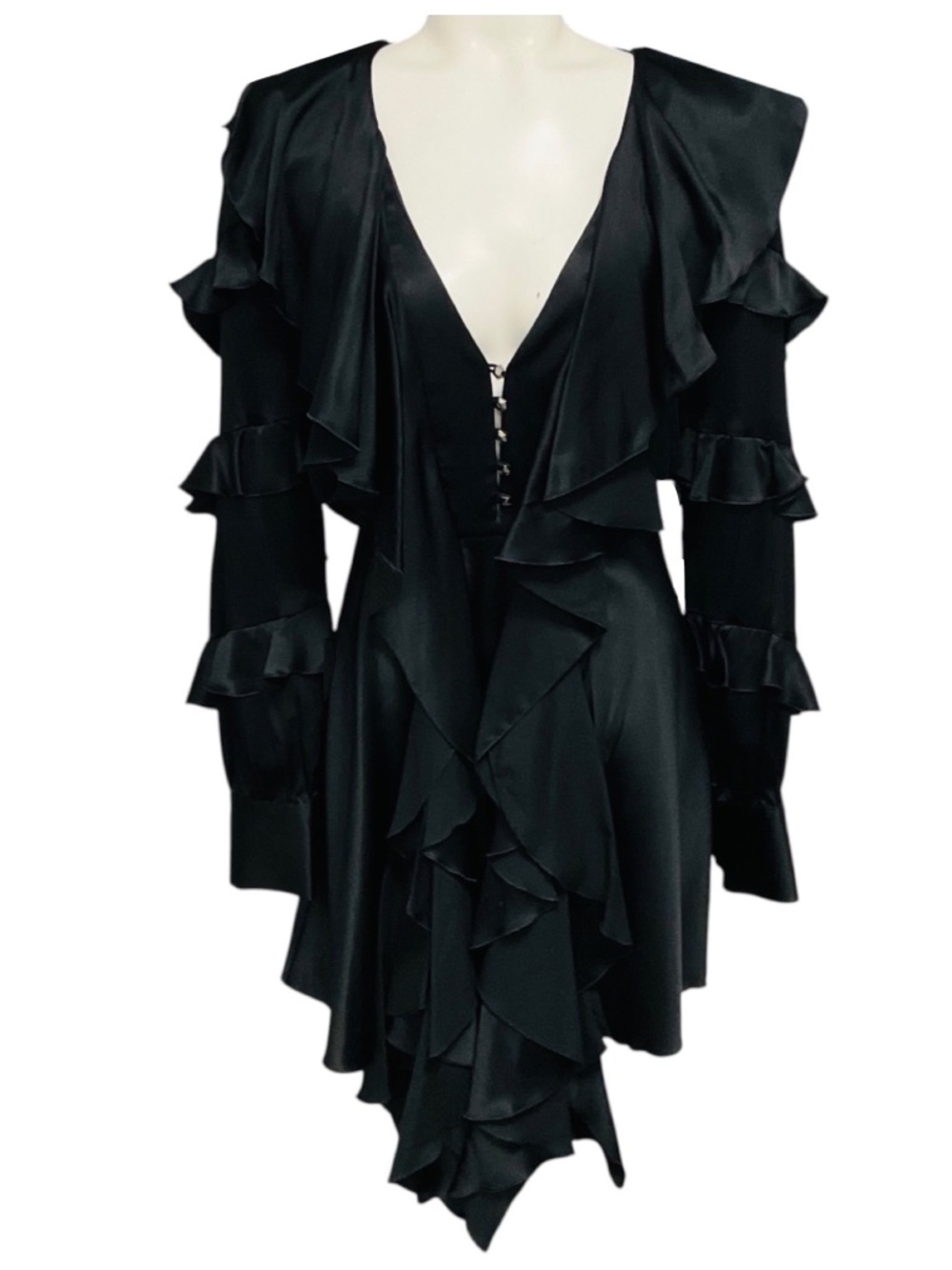 PHILIPP PLEIN COUTURE BLACK RUFFLED SILK COCKTAIL DRESS